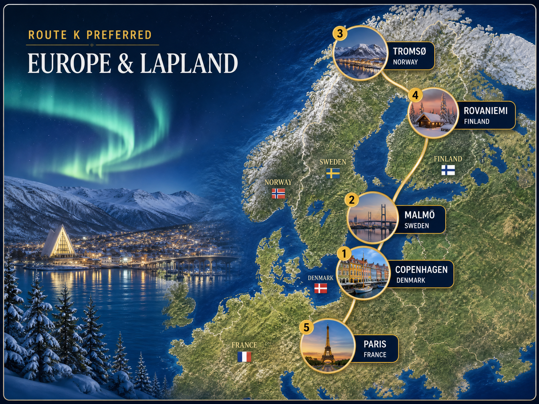 Route K Preferred Europe and Lapland itinerary map showing Copenhagen, Malmö, Tromsø, Rovaniemi, and Paris